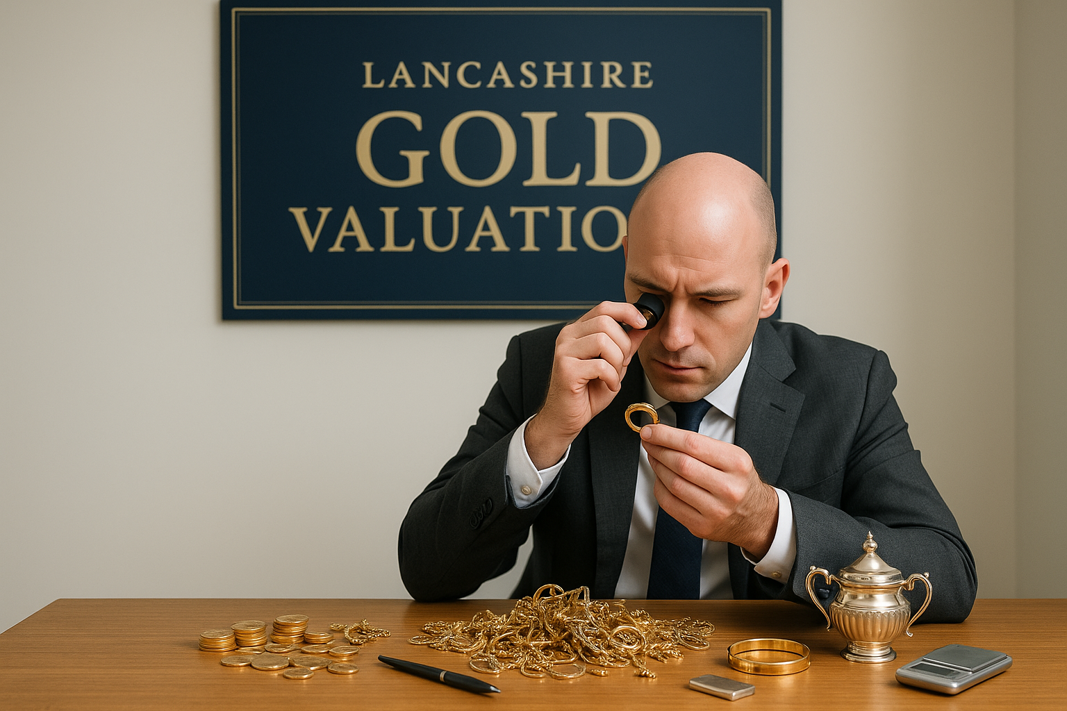 Remove two customers and have a poster in the  background saying Lancashire gold valuations in gold righting and navy 